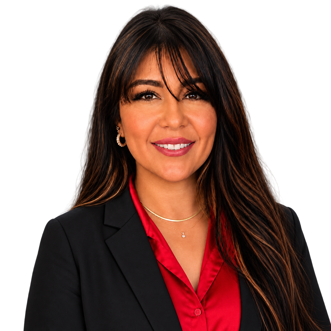 Toni Rojas-Evitts smiling, wearing a black blazer and red blouse